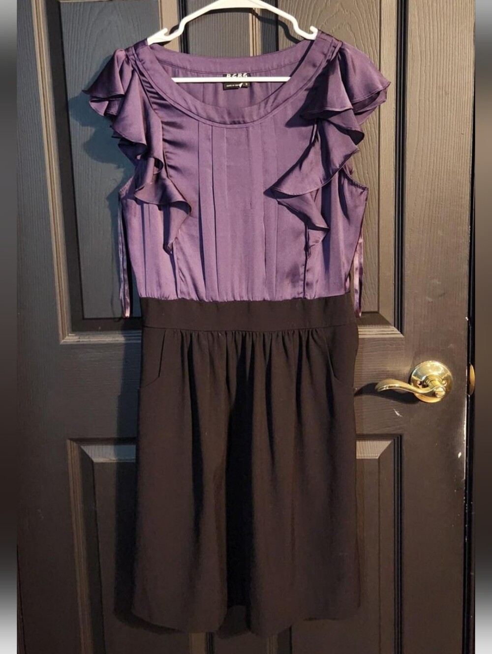 BCBG Purple and Black Ruffle Midi Dress